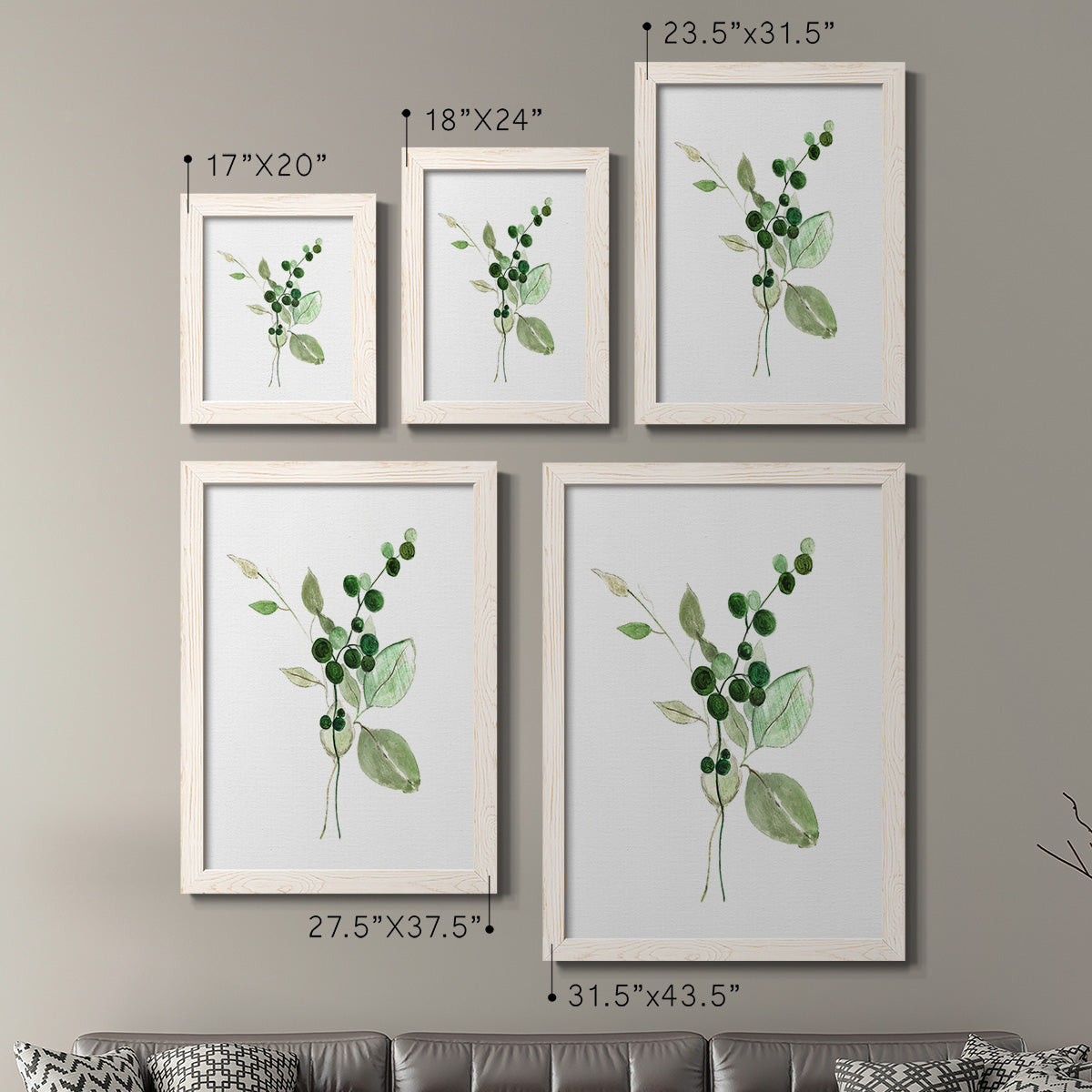 Size comparison chart for a set of two white barnwood framed canvas prints.