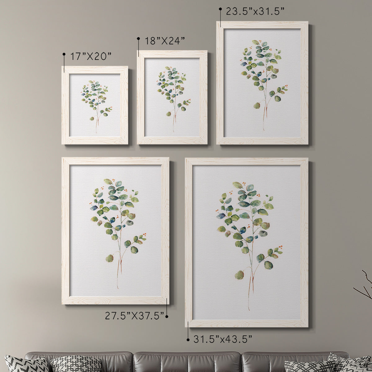 Size comparison chart for a set of two white barnwood framed canvas prints.