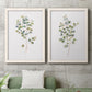 Set of two white barnwood framed canvas prints depicting a coordinated art pair of delicate eucalyptus branches with rounded leaves rendered as minimalist watercolor botanical studies above a sofa in a modern living room.