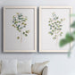 Set of two white barnwood framed canvas prints depicting soft sage gray and muted green leaves on clean white grounds arranged across two complementary compositions above a sofa in a bright living space.