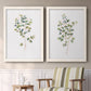 Set of two white barnwood framed canvas prints depicting two minimalist watercolor botanical studies featuring delicate eucalyptus branches with rounded leaves above a sideboard in a cozy sitting room.