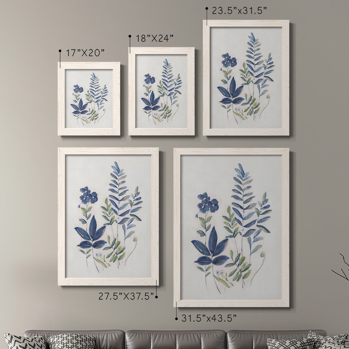Size comparison chart for a set of two white barnwood framed canvas prints.
