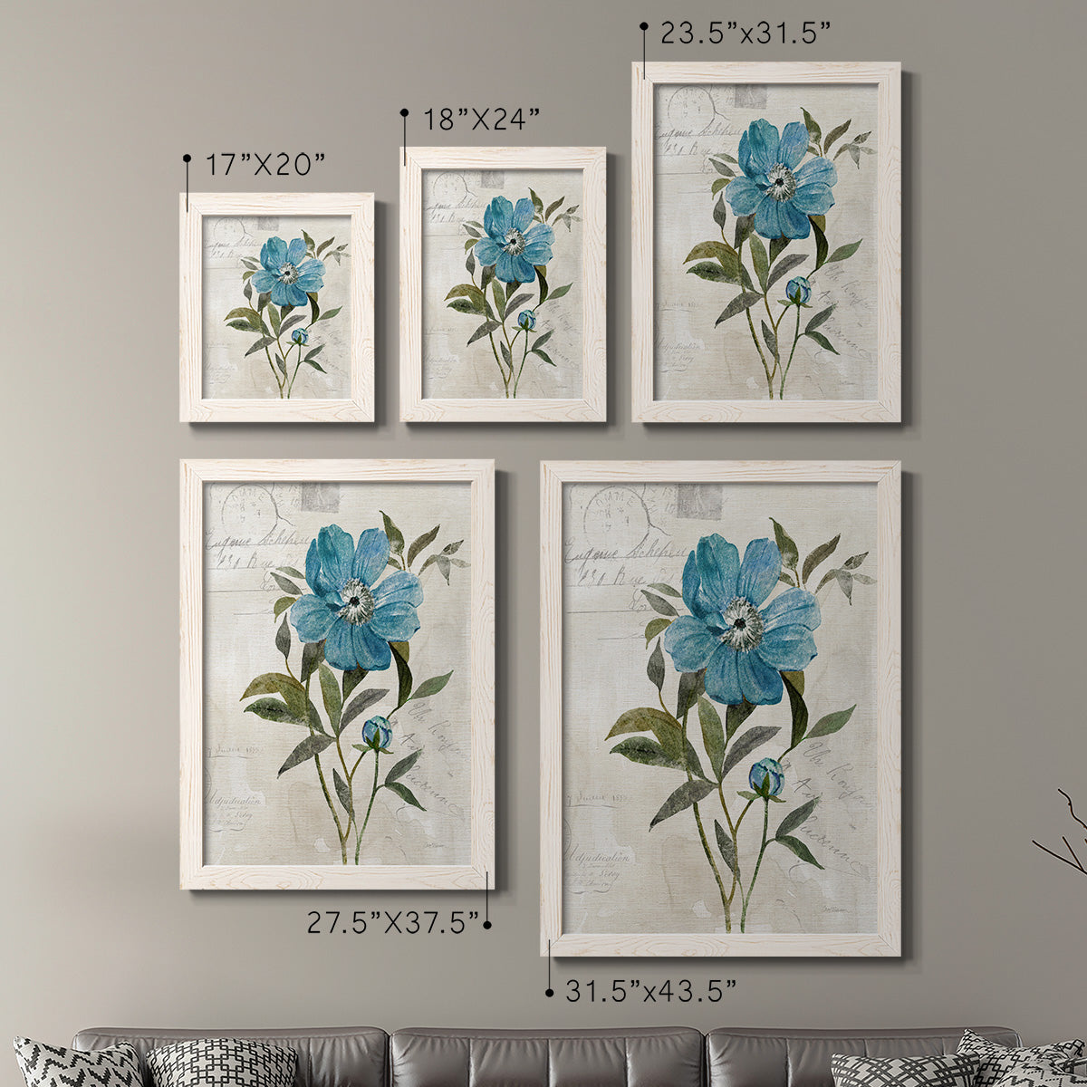 Size comparison chart for a set of two white barnwood framed canvas prints.