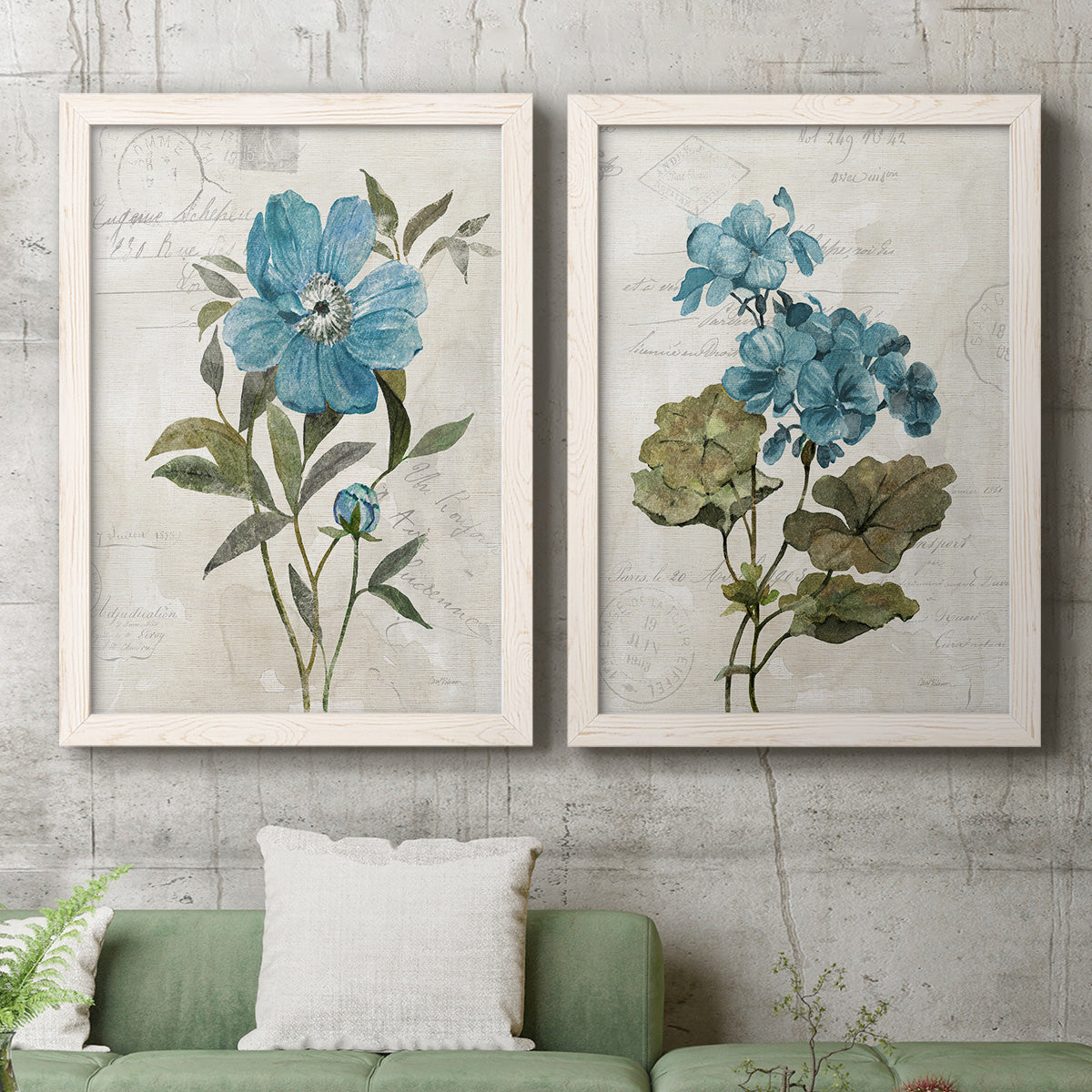 Set of two white barnwood framed canvas prints depicting a coordinated art pair of blue peony and hydrangea-like blooms over vintage script rendered as rustic floral illustrations above a sofa in a modern living room.