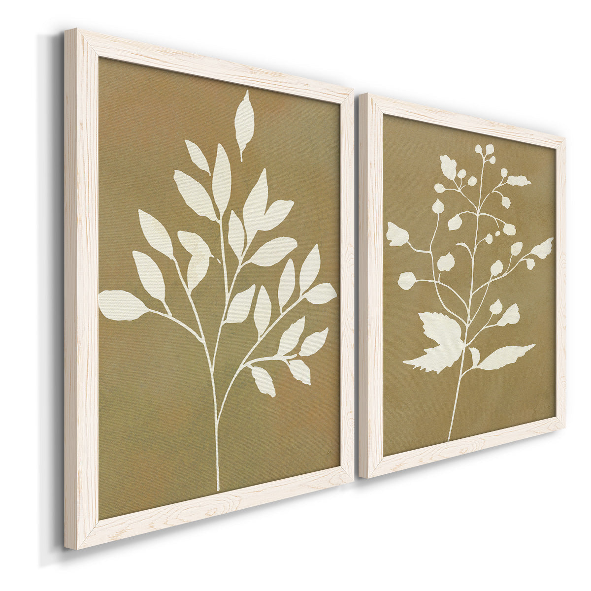 Angled view of a set of two white barnwood framed canvas prints featuring two minimalist botanical silhouettes with white leafy stems against warm honey gold backgrounds.