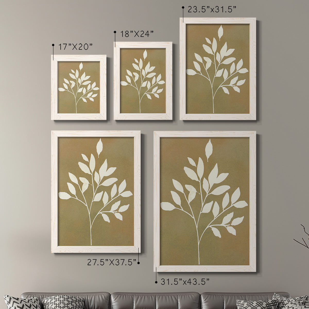 Size comparison chart for a set of two white barnwood framed canvas prints.