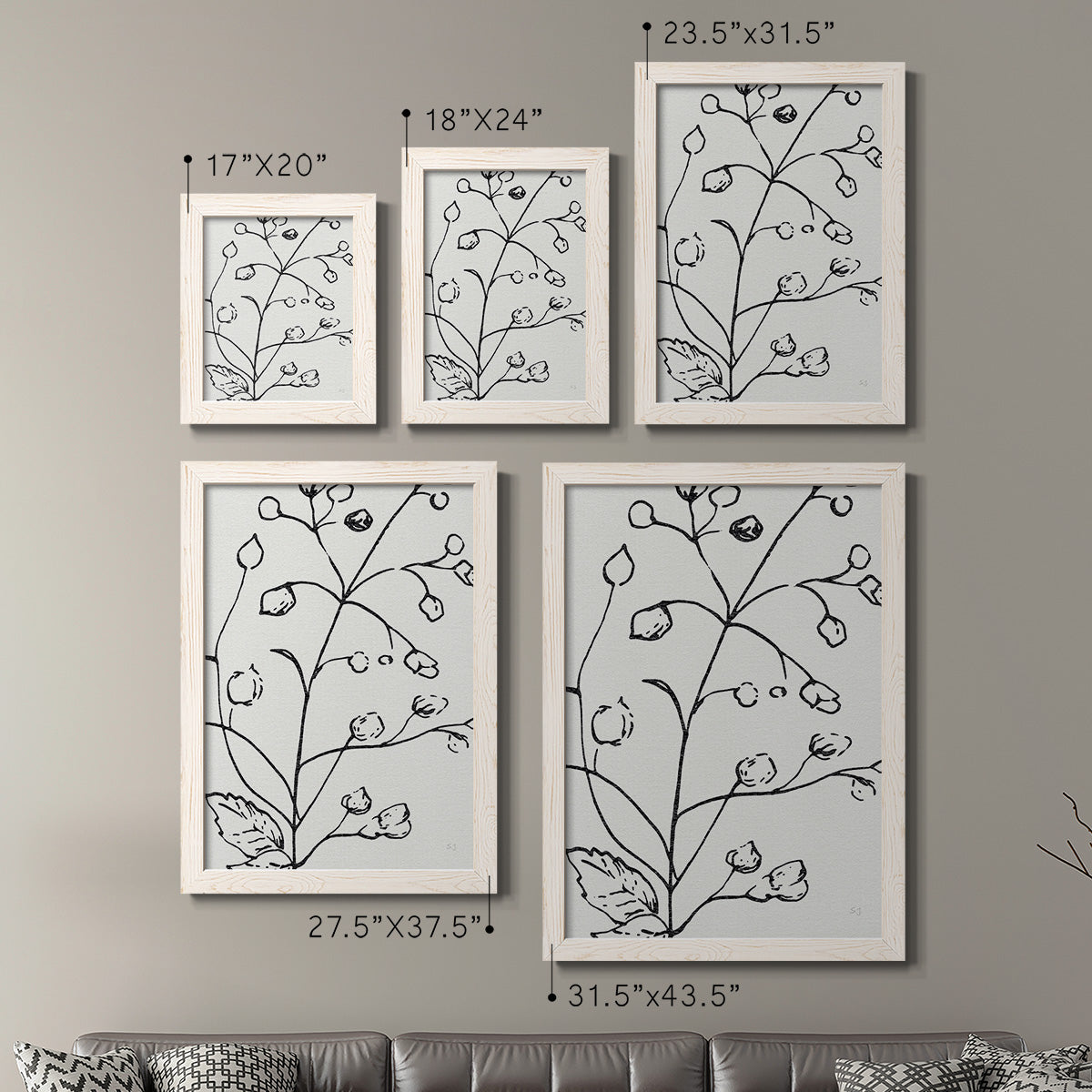 Size comparison chart for a set of two white barnwood framed canvas prints.