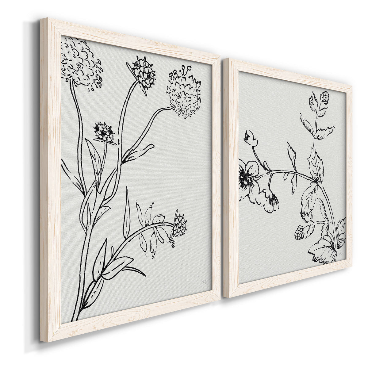 Angled view of a set of two white barnwood framed canvas prints featuring two minimalist botanical sketches featuring black line drawings of wildflowers and leaves.