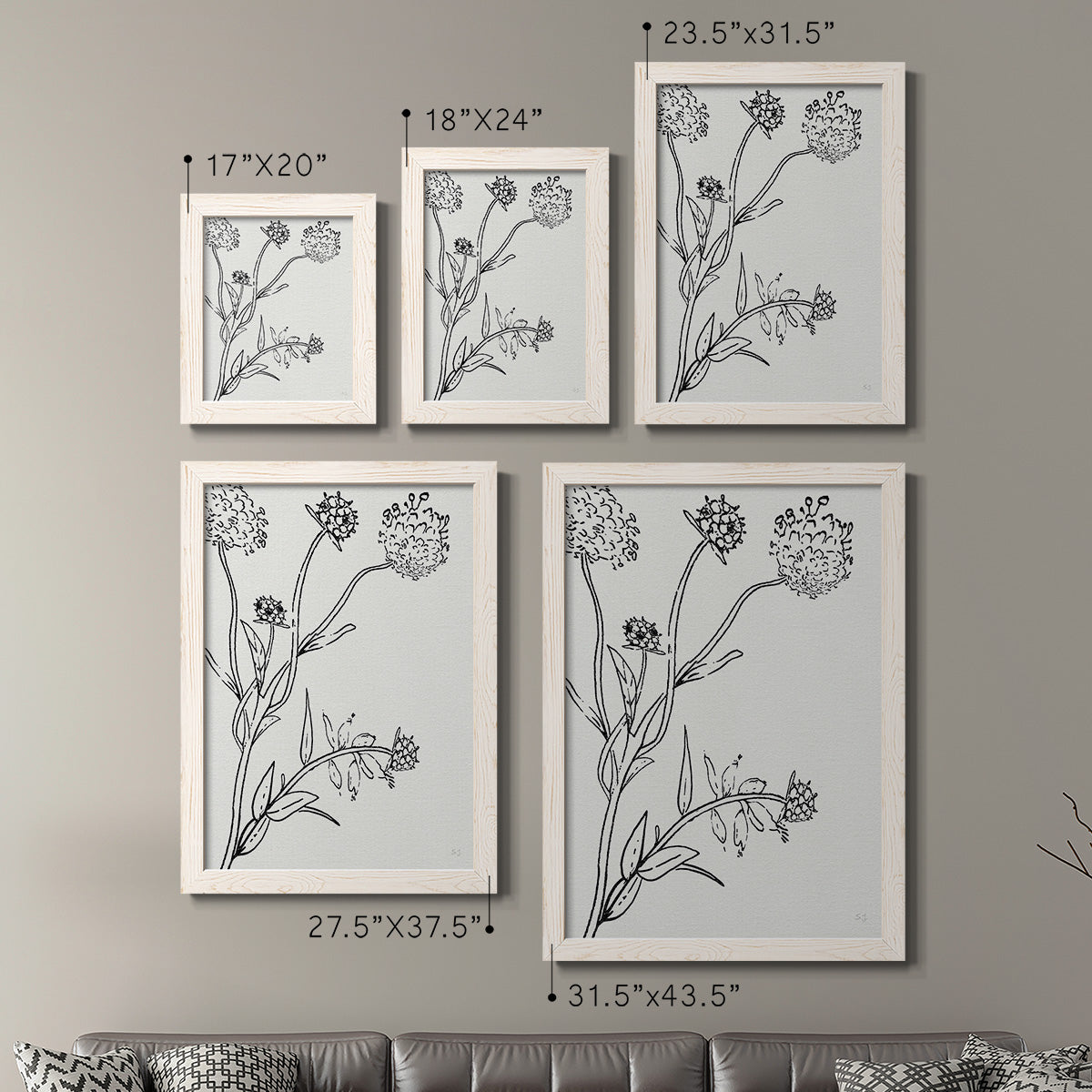 Size comparison chart for a set of two white barnwood framed canvas prints.