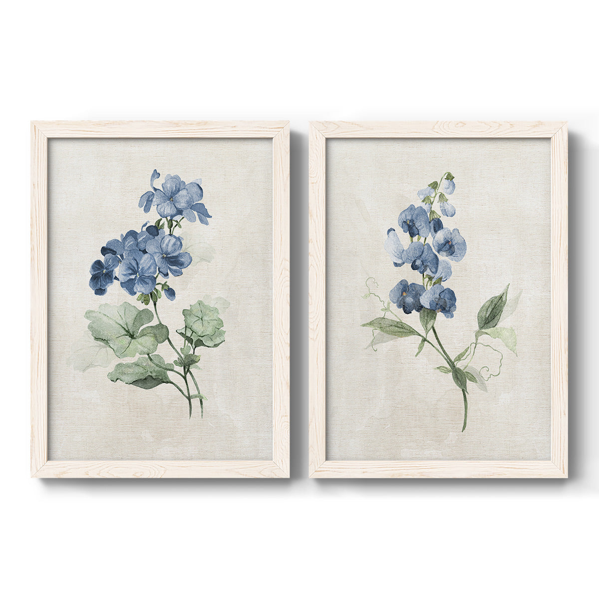 Set of two white barnwood framed canvas prints featuring two farmhouse botanical illustrations featuring blue periwinkle flowers with leafy stems.