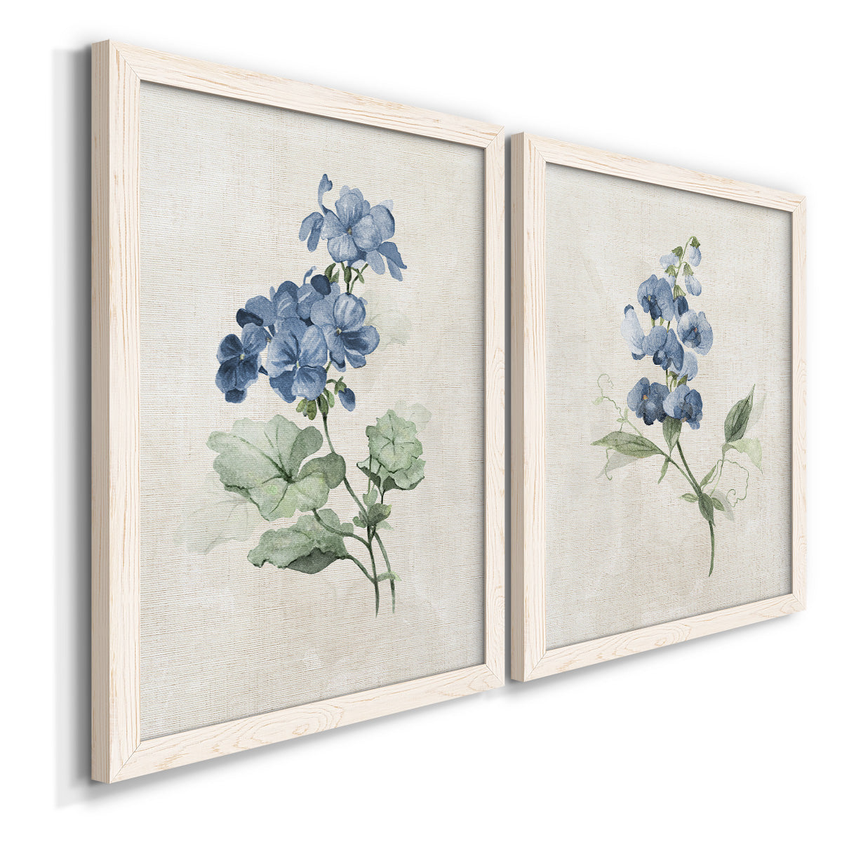 Angled view of a set of two white barnwood framed canvas prints featuring two farmhouse botanical illustrations featuring blue periwinkle flowers with leafy stems.