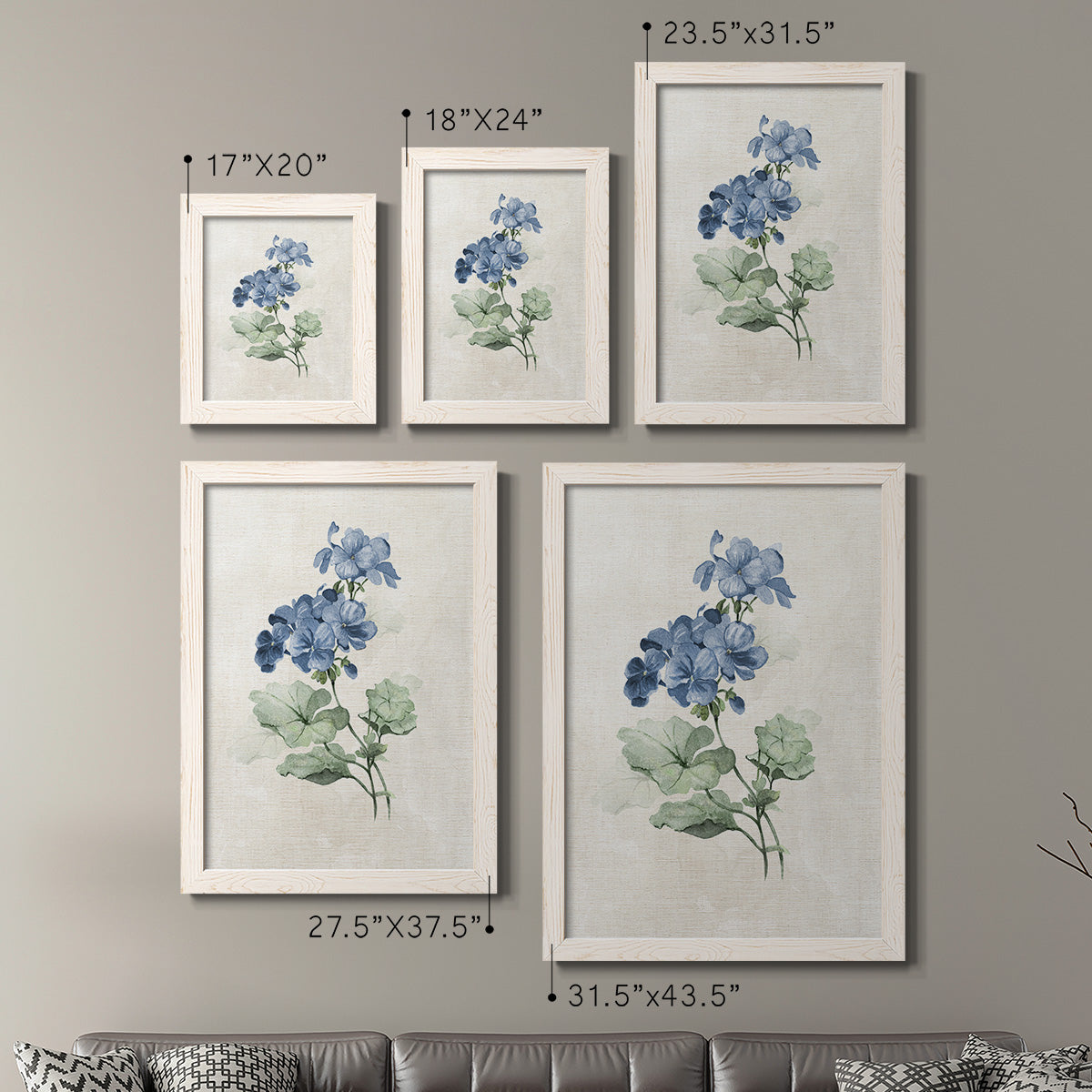 Size comparison chart for a set of two white barnwood framed canvas prints.
