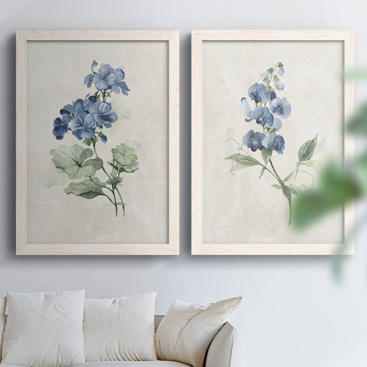 Set of two white barnwood framed canvas prints depicting single blue blossoms, green leaves, and lightly textured cream grounds arranged across two complementary compositions above a sofa in a bright living space.