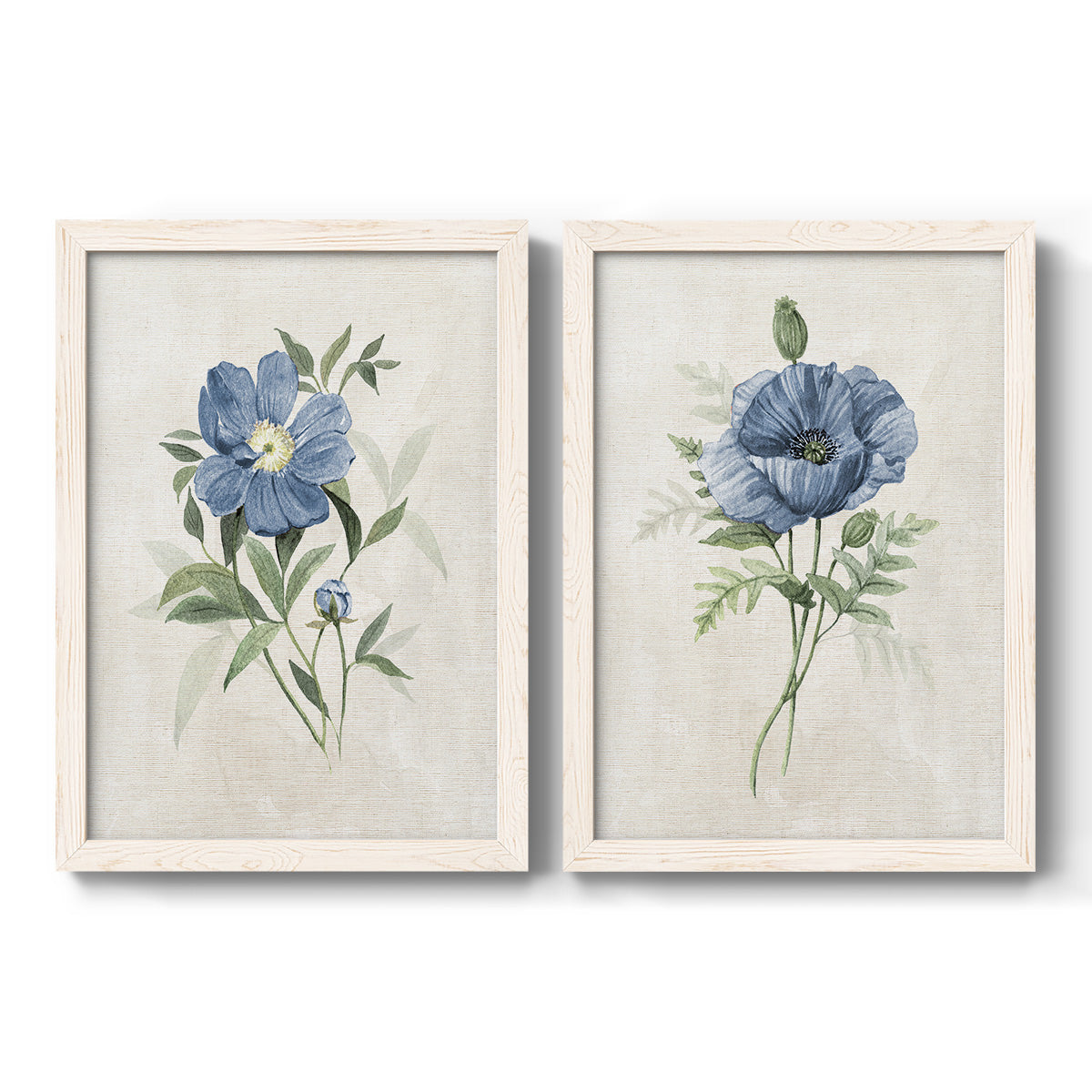Set of two white barnwood framed canvas prints featuring two farmhouse botanical illustrations featuring blue periwinkle flowers with leafy stems.