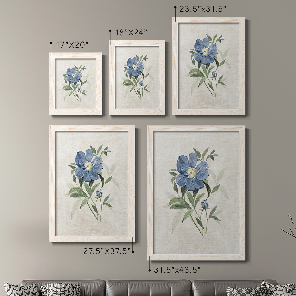 Size comparison chart for a set of two white barnwood framed canvas prints.