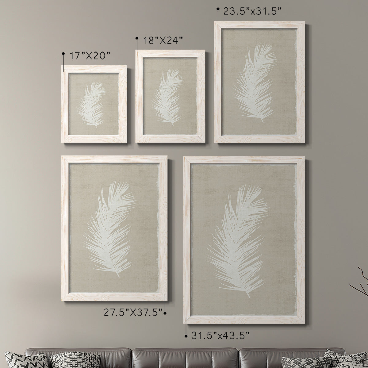 Size comparison chart for a set of two white barnwood framed canvas prints.