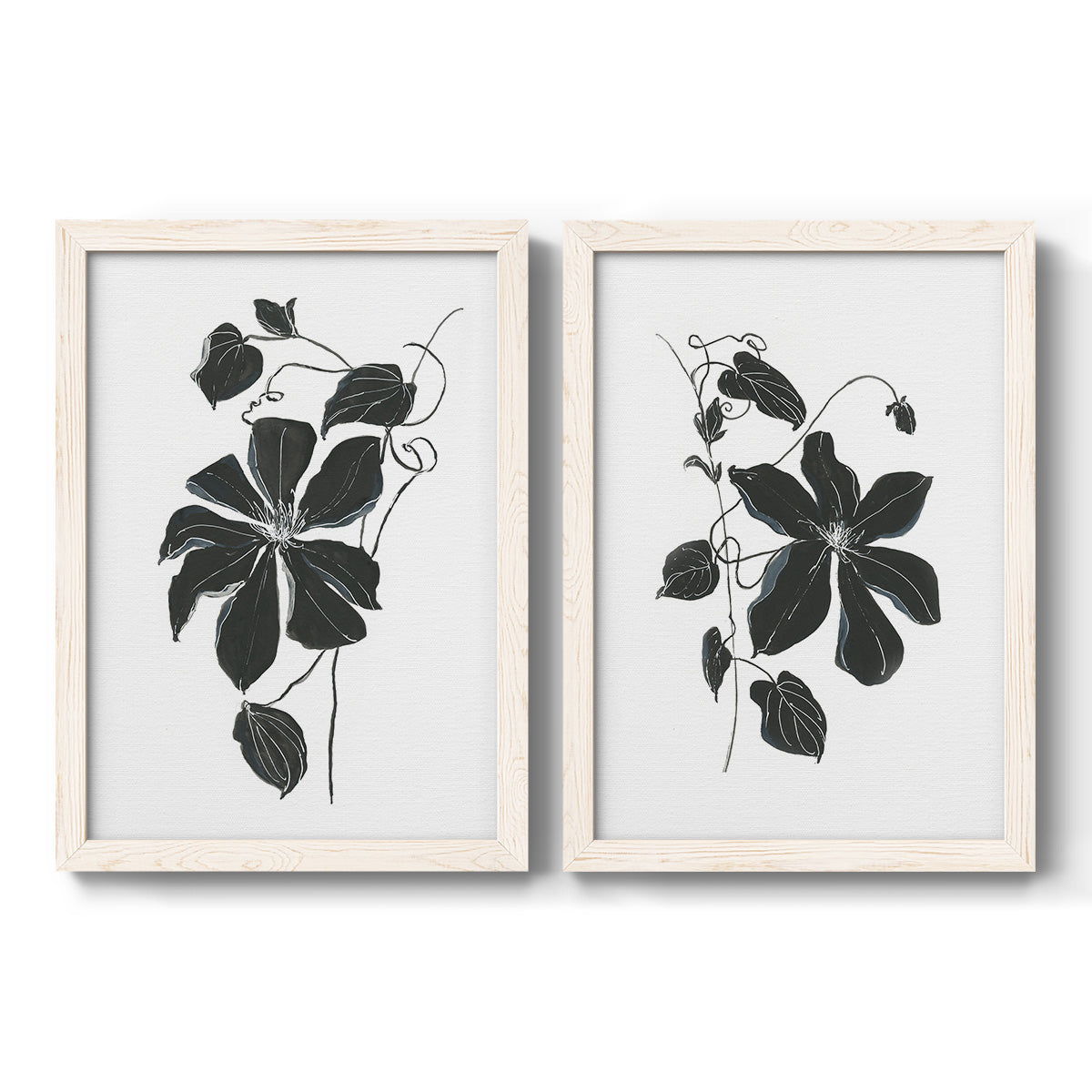 Set of two white barnwood framed canvas prints featuring two minimalist botanical prints featuring black leafy vine silhouettes.