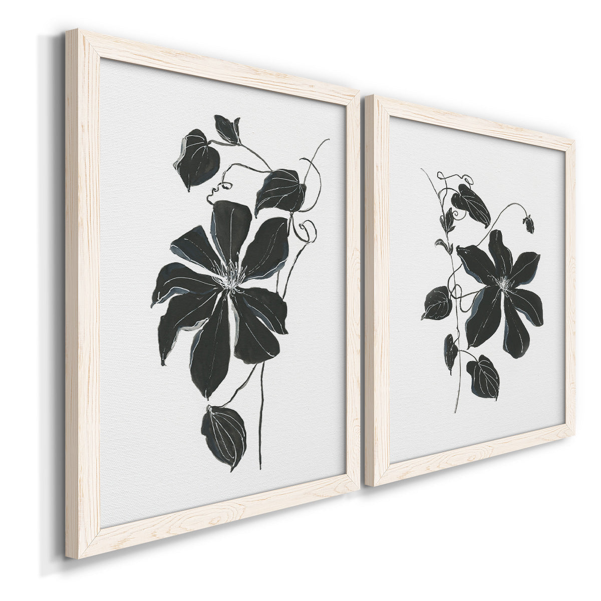 Angled view of a set of two white barnwood framed canvas prints featuring two minimalist botanical prints featuring black leafy vine silhouettes.
