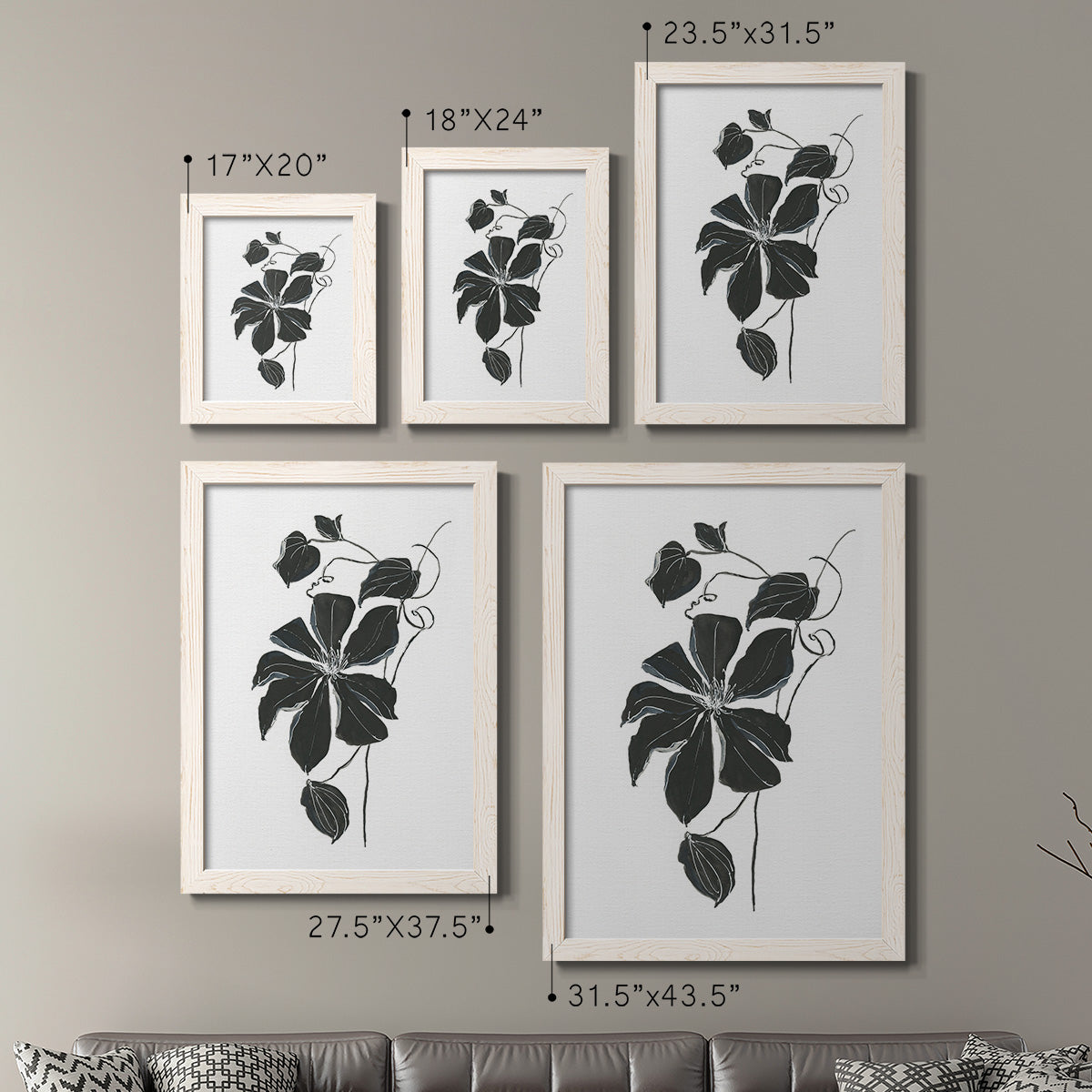 Size comparison chart for a set of two white barnwood framed canvas prints.