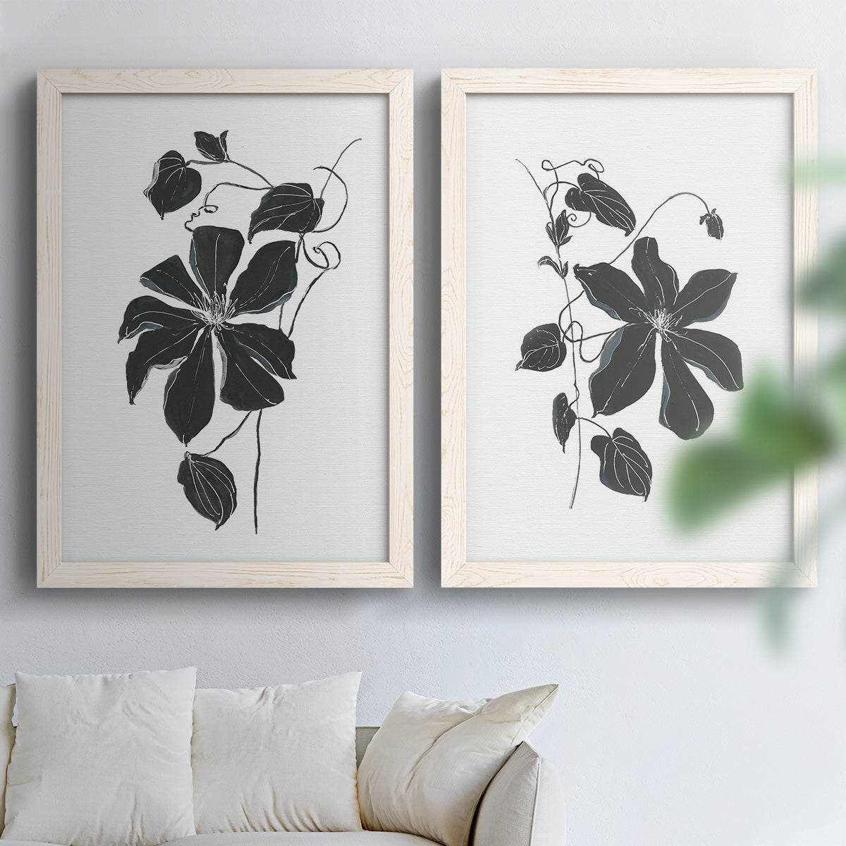 Set of two white barnwood framed canvas prints depicting bold dark leaves, curving stems, and clean white grounds arranged across two complementary compositions above a sofa in a bright living space.