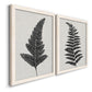 Angled view of a set of two white barnwood framed canvas prints featuring two minimalist botanical prints featuring black fern leaf silhouettes.