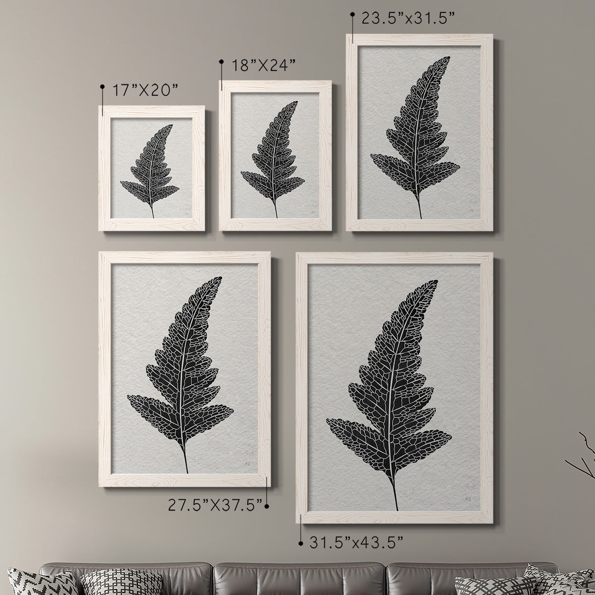 Size comparison chart for a set of two white barnwood framed canvas prints.