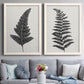 Set of two white barnwood framed canvas prints depicting paired minimalist botanical prints with detailed fronds, high-contrast shapes, and lightly textured cream grounds above a sofa in a contemporary living room.