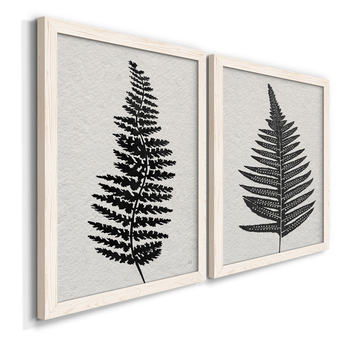 Angled view of a set of two white barnwood framed canvas prints featuring two minimalist botanical prints featuring black fern leaf silhouettes.