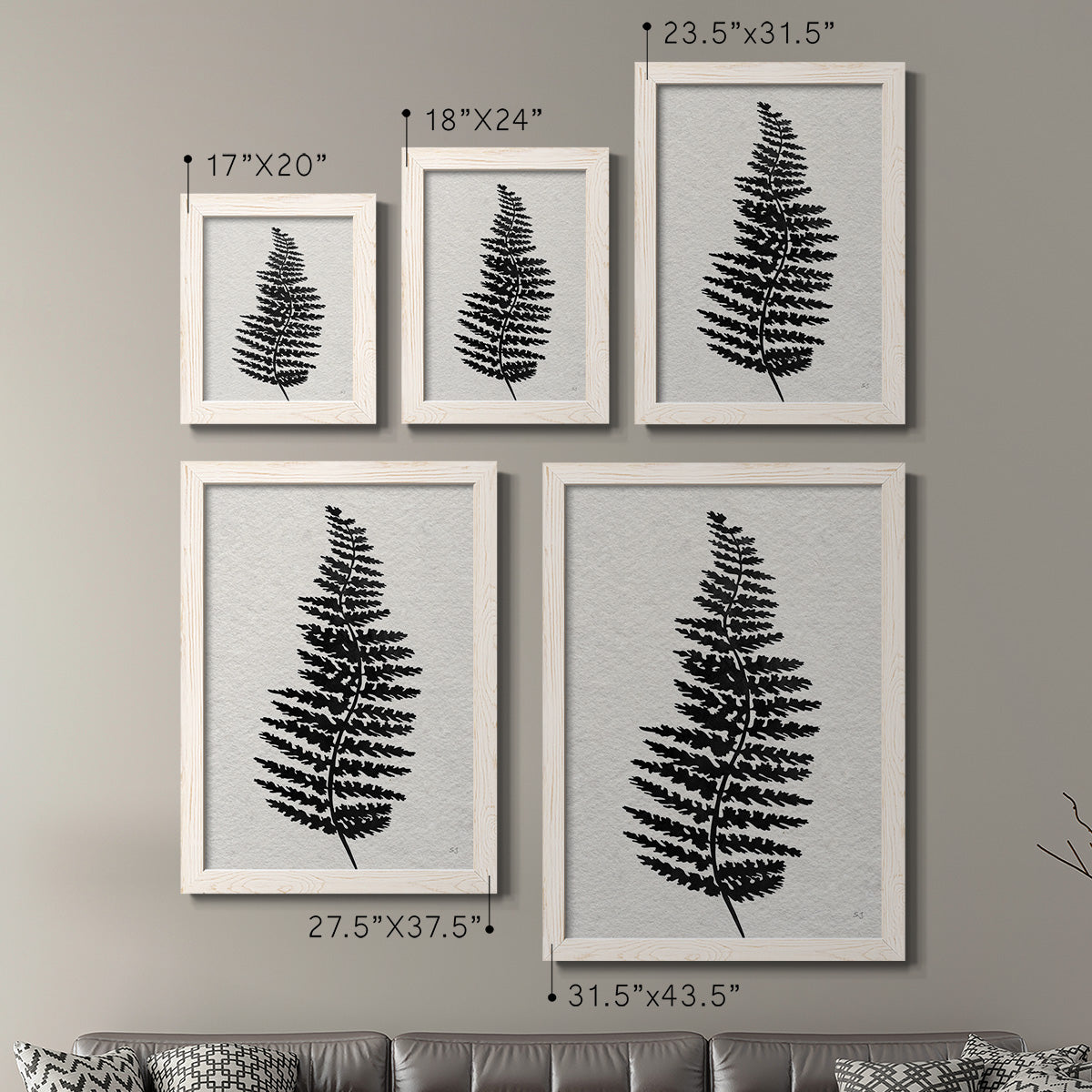 Size comparison chart for a set of two white barnwood framed canvas prints.