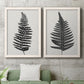 Set of two white barnwood framed canvas prints depicting a coordinated art pair of black fern leaf silhouettes rendered as minimalist botanical prints above a sofa in a modern living room.