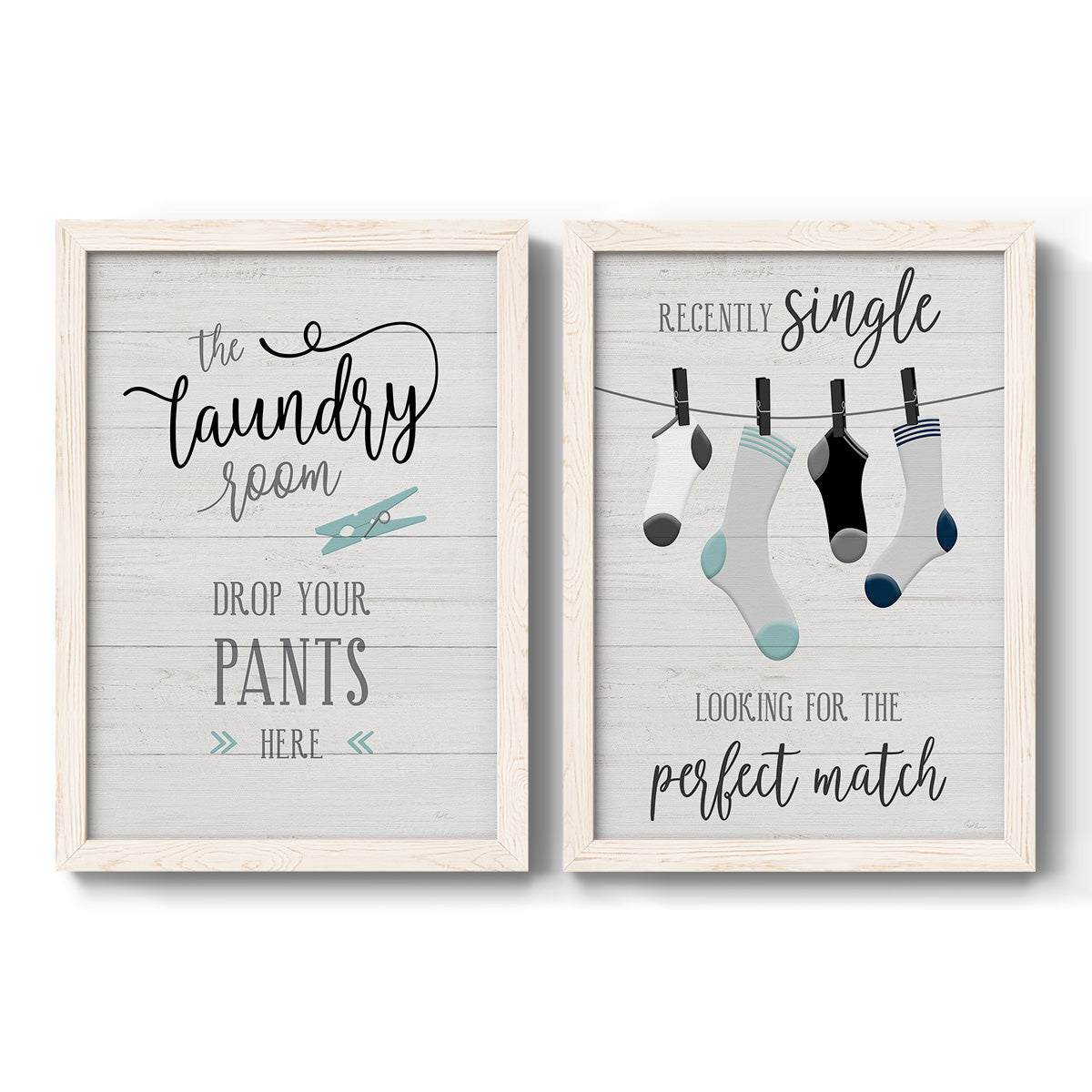 Set of two white barnwood framed canvas prints featuring two rustic typographic wall art featuring humorous laundry-room sayings and clothing icons.