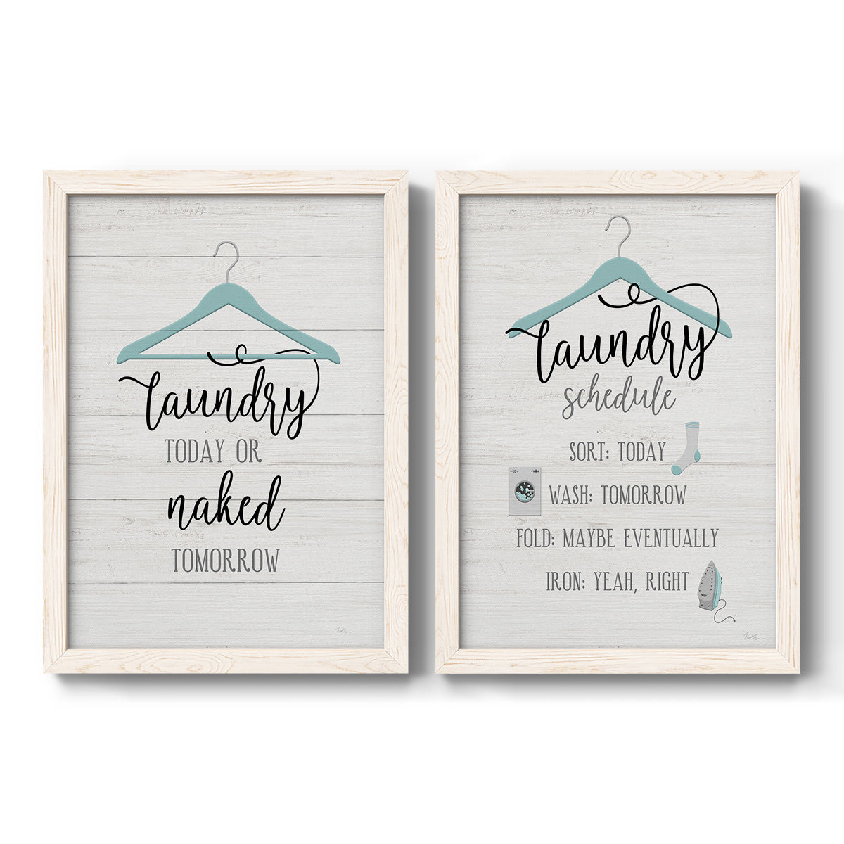 Set of two white barnwood framed canvas prints featuring two rustic typographic wall art featuring humorous laundry-room sayings and clothing icons.
