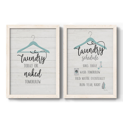 Set of two white barnwood framed canvas prints featuring two rustic typographic wall art featuring humorous laundry-room sayings and clothing icons.
