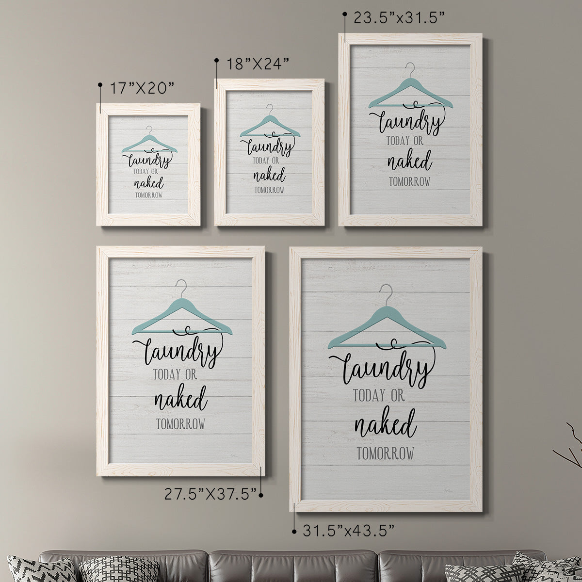 Size comparison chart for a set of two white barnwood framed canvas prints.