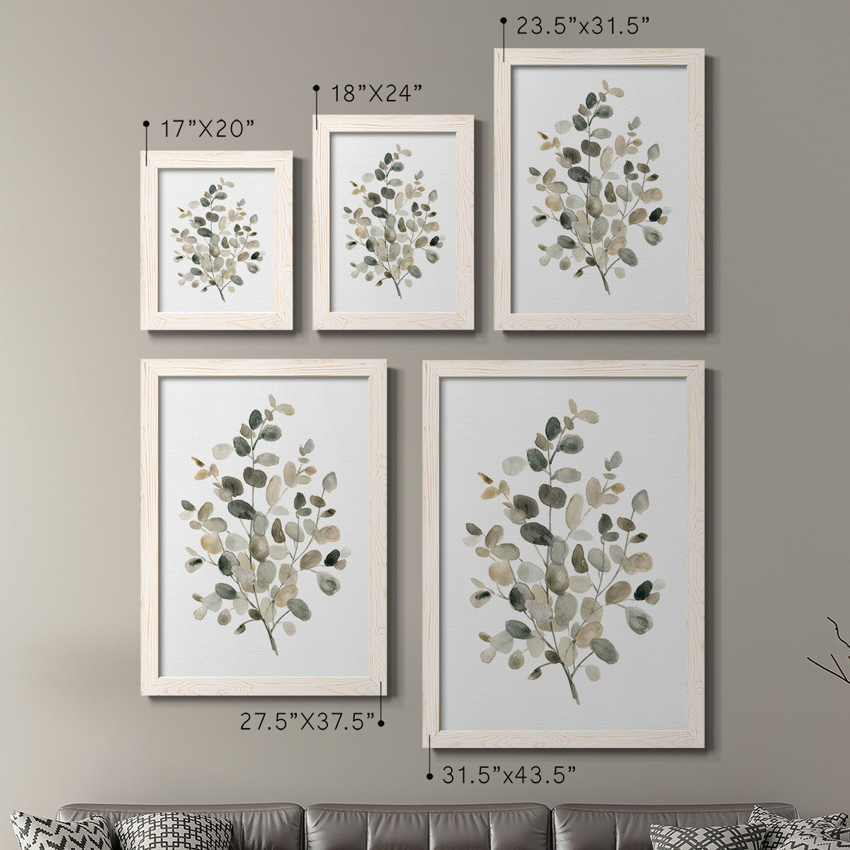 Size comparison chart for a set of two white barnwood framed canvas prints.