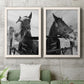 Set of two white barnwood framed canvas prints depicting a coordinated art pair of black-and-white close-up portraits of horses at fences rendered as modern equestrian photography above a sofa in a modern living room.