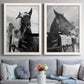 Set of two white barnwood framed canvas prints depicting paired modern equestrian photography with bridled faces, wooden rails, and softly blurred farm backgrounds above a sofa in a contemporary living room.