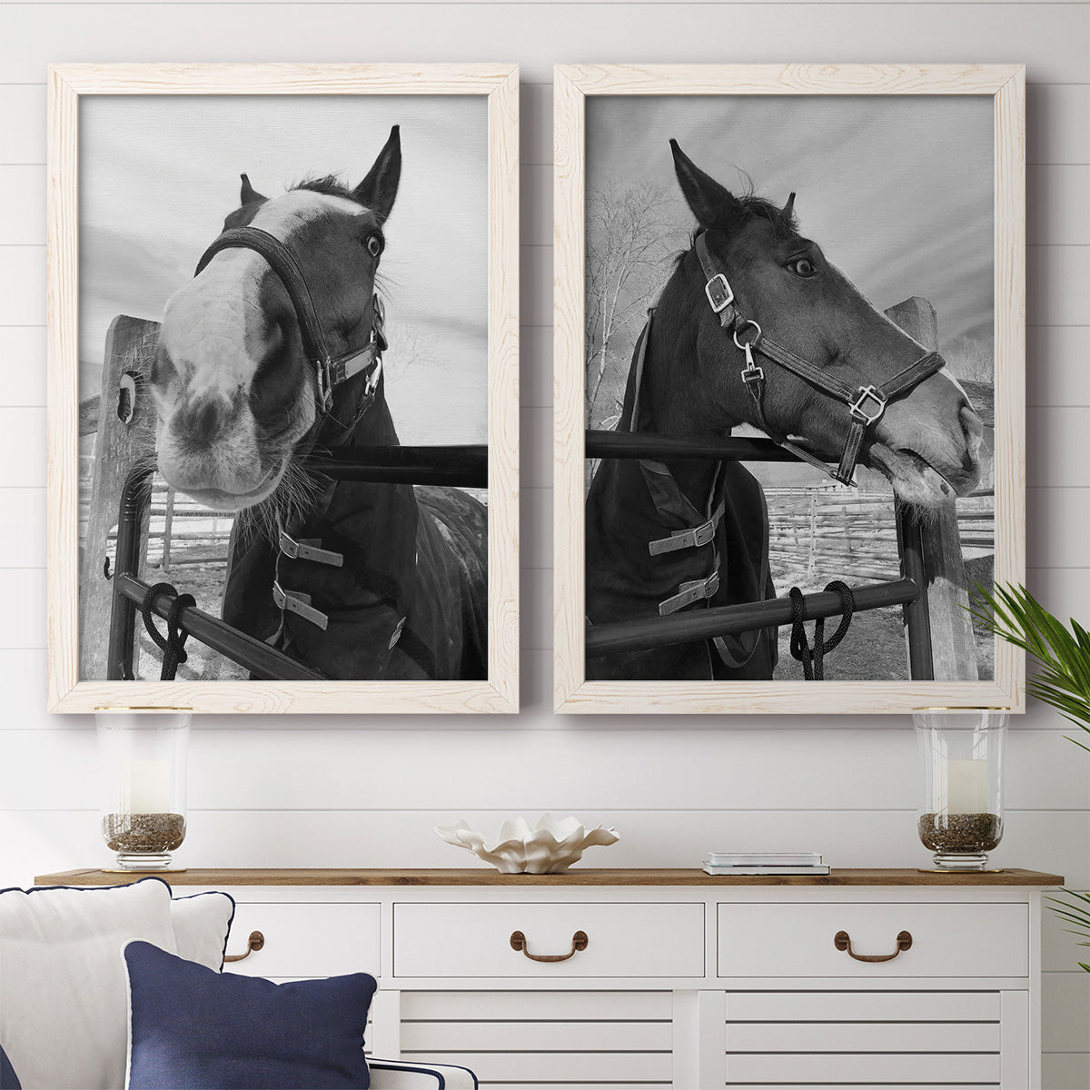 Set of two white barnwood framed canvas prints depicting a coordinated art pair of black-and-white close-up portraits of horses at fences rendered as modern equestrian photography above a dining room sideboard.