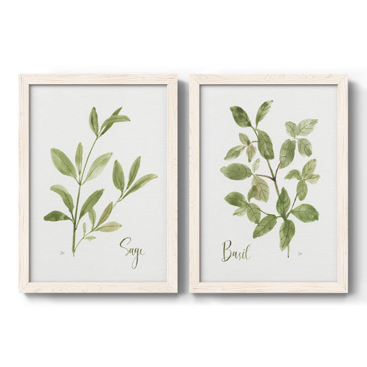 Set of two white barnwood framed canvas prints featuring two farmhouse herb illustrations featuring culinary sage and basil sprigs with handwritten labels.