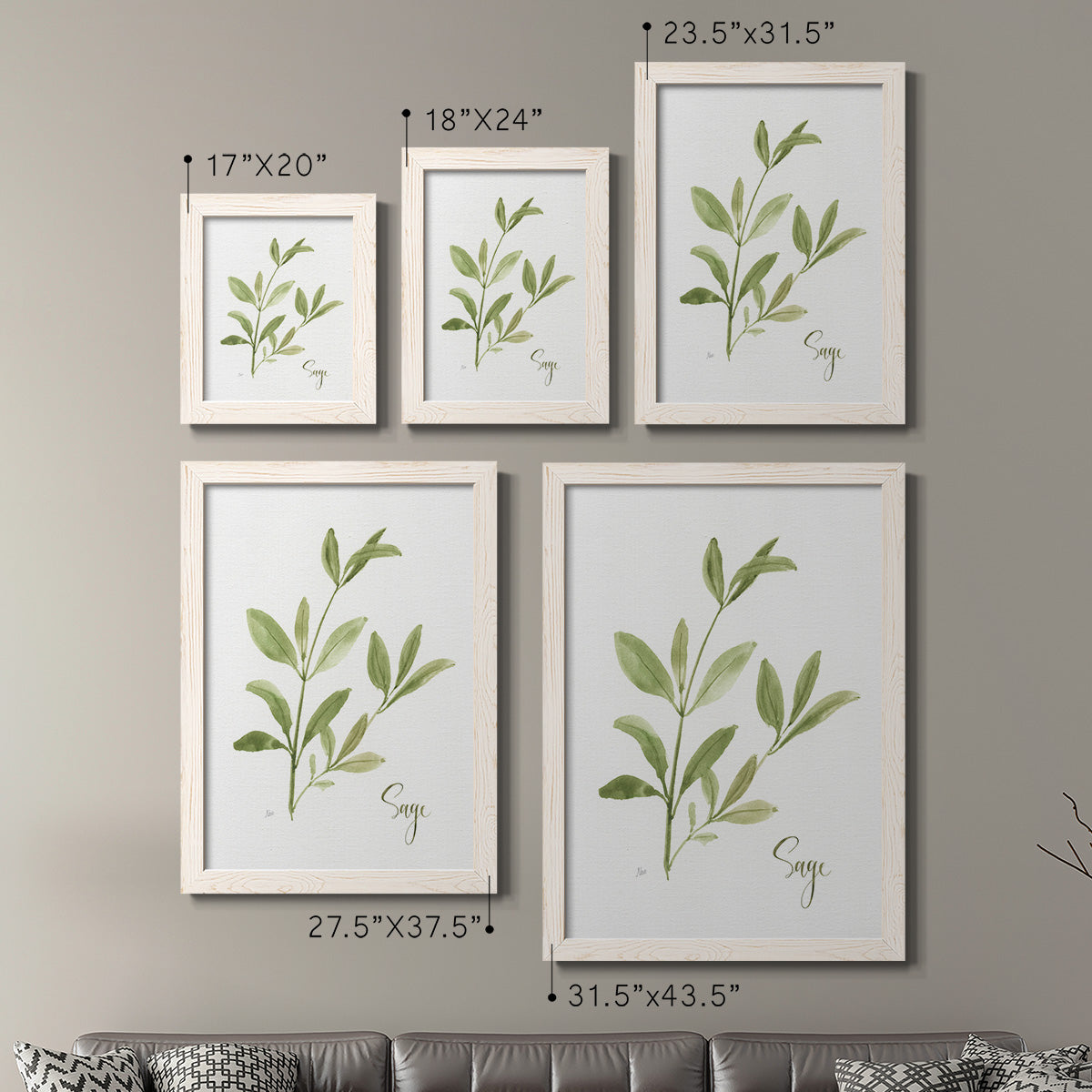 Size comparison chart for a set of two white barnwood framed canvas prints.