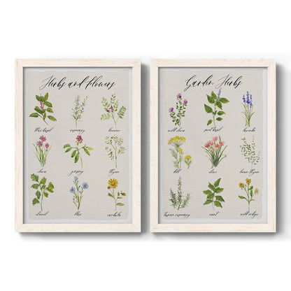 Set of two white barnwood framed canvas prints featuring two farmhouse botanical chart prints featuring labeled collections of culinary herbs and wildflowers.
