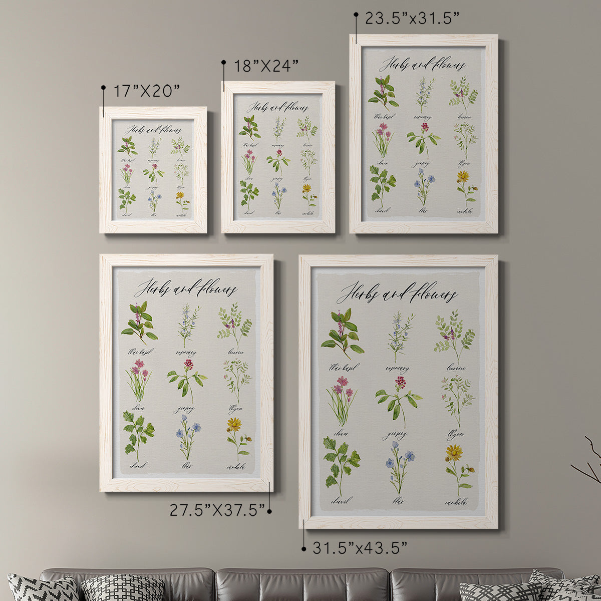 Size comparison chart for a set of two white barnwood framed canvas prints.