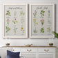 Set of two white barnwood framed canvas prints depicting a coordinated art pair of labeled collections of culinary herbs and wildflowers rendered as farmhouse botanical chart prints above a dining room sideboard.