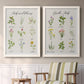 Set of two white barnwood framed canvas prints depicting two farmhouse botanical chart prints featuring labeled collections of culinary herbs and wildflowers above a sideboard in a cozy sitting room.