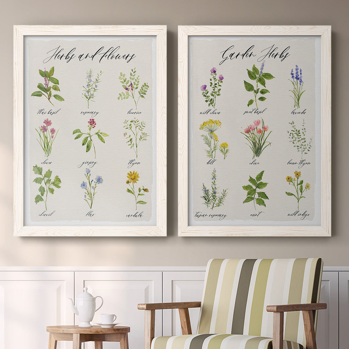 Set of two white barnwood framed canvas prints depicting two farmhouse botanical chart prints featuring labeled collections of culinary herbs and wildflowers above a sideboard in a cozy sitting room.
