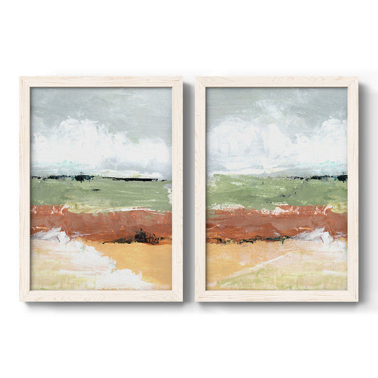 Set of two white barnwood framed canvas prints featuring two minimalist abstract landscapes featuring quiet layered prairie horizons.