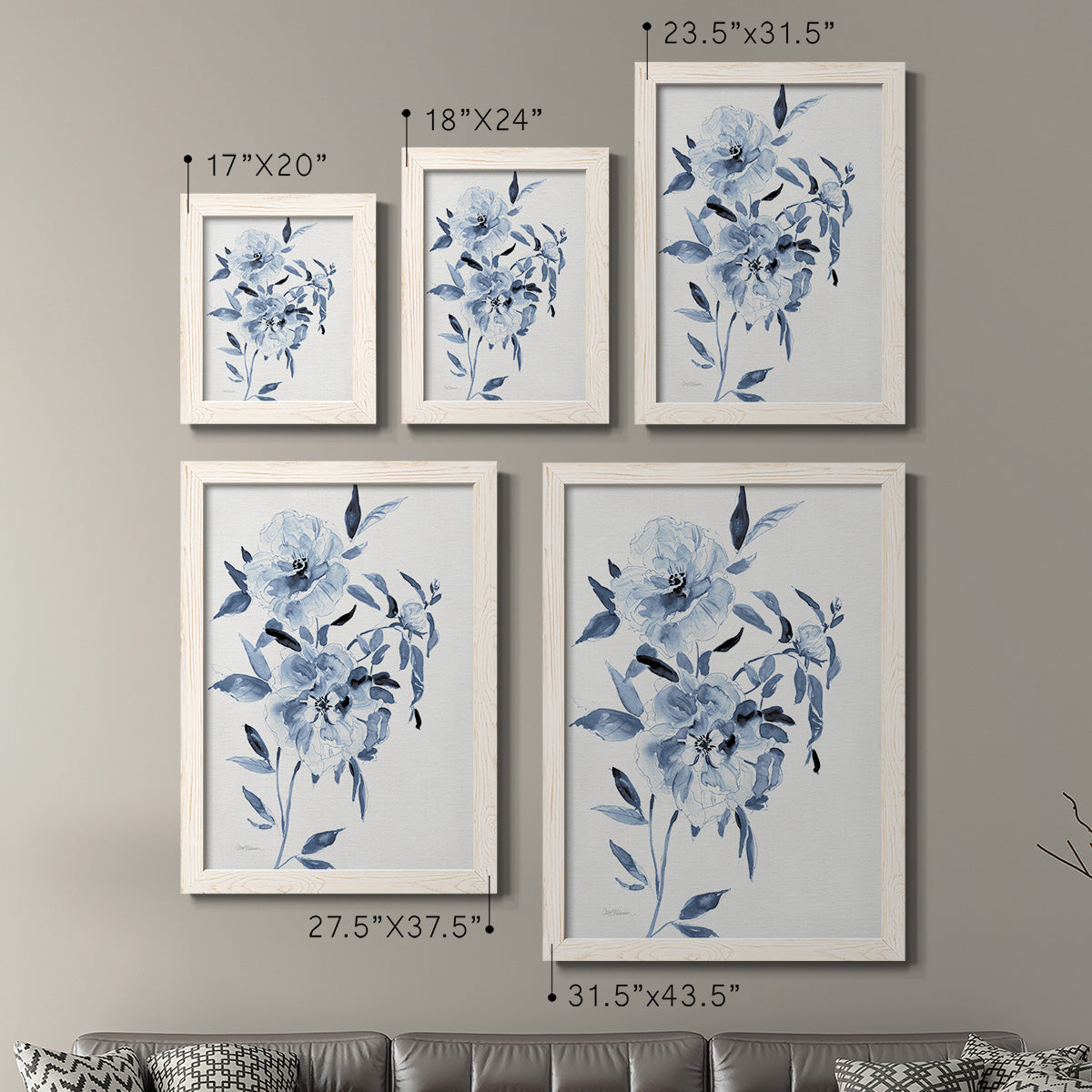 Size comparison chart for a set of two white barnwood framed canvas prints.