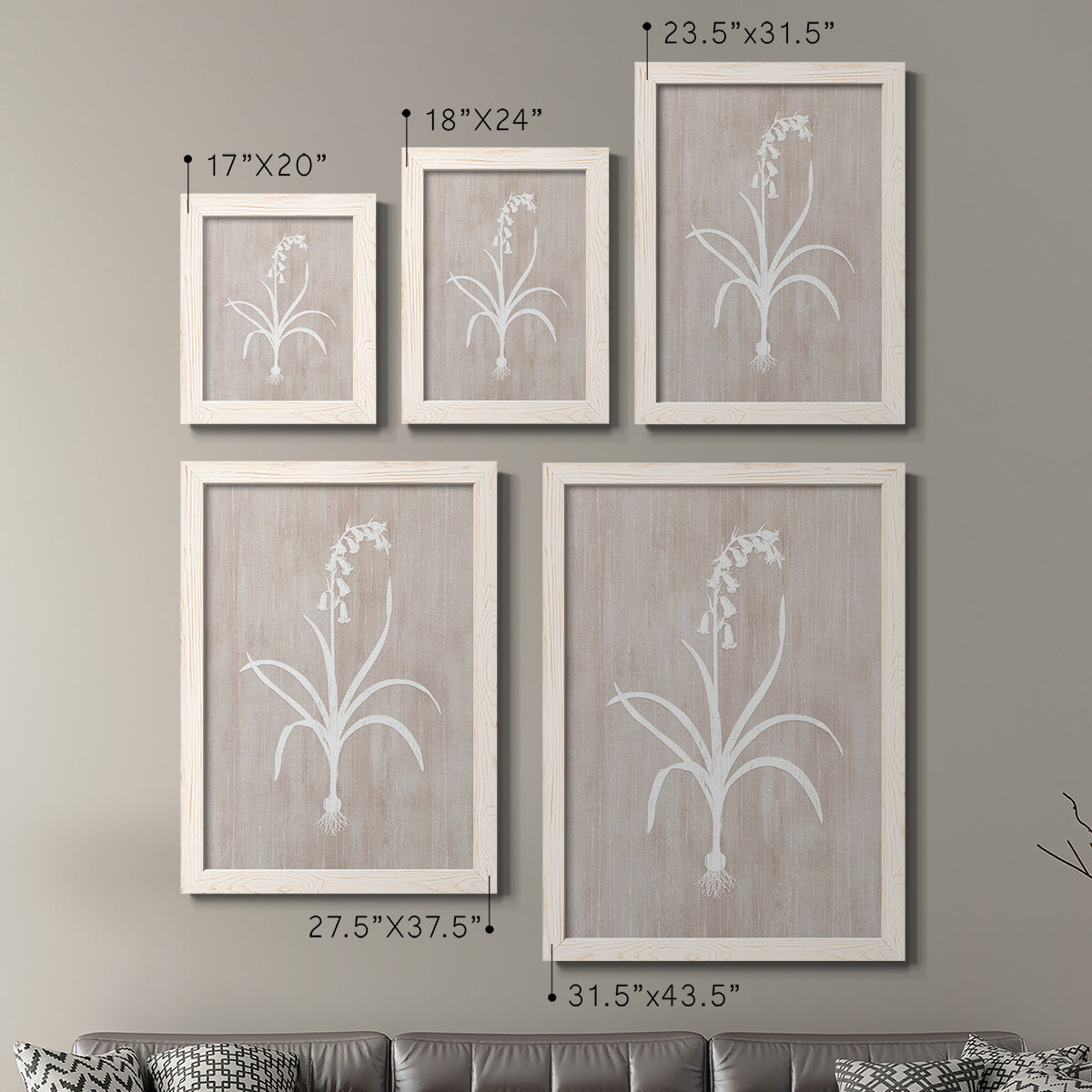 Size comparison chart for a set of two white barnwood framed canvas prints.