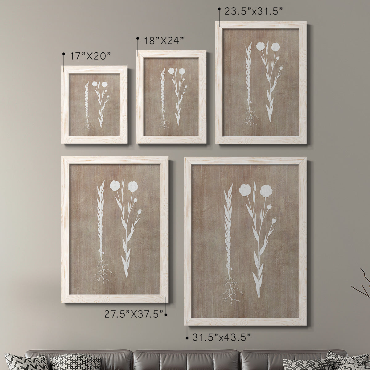 Size comparison chart for a set of two white barnwood framed canvas prints.