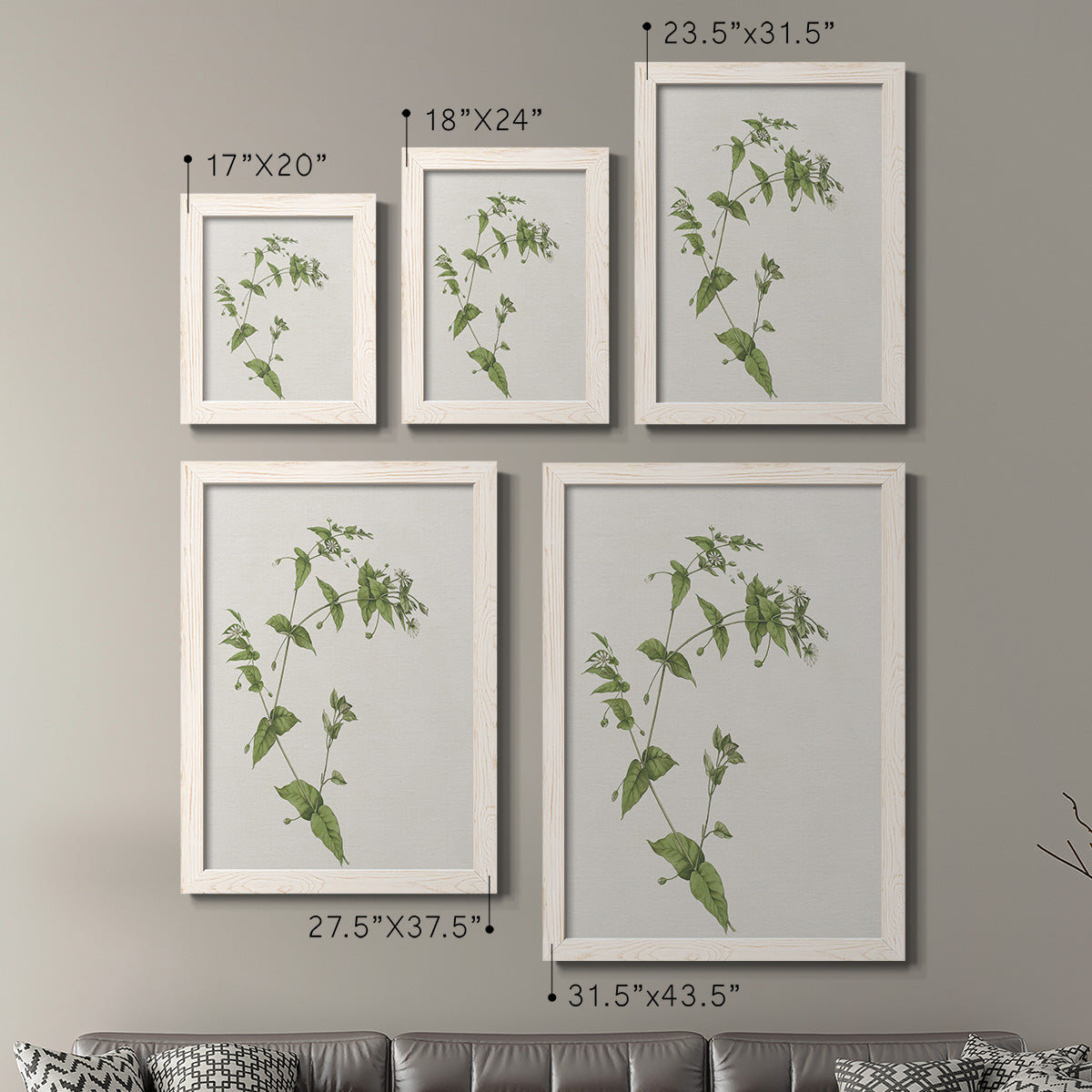 Size comparison chart for a set of two white barnwood framed canvas prints.